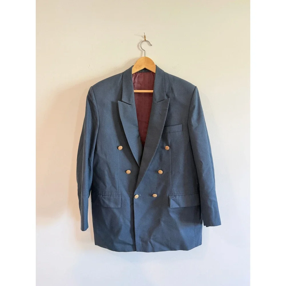 Vintage Mens Navy Blue Double Breasted Blazer Gold Anchor Buttons Nautical